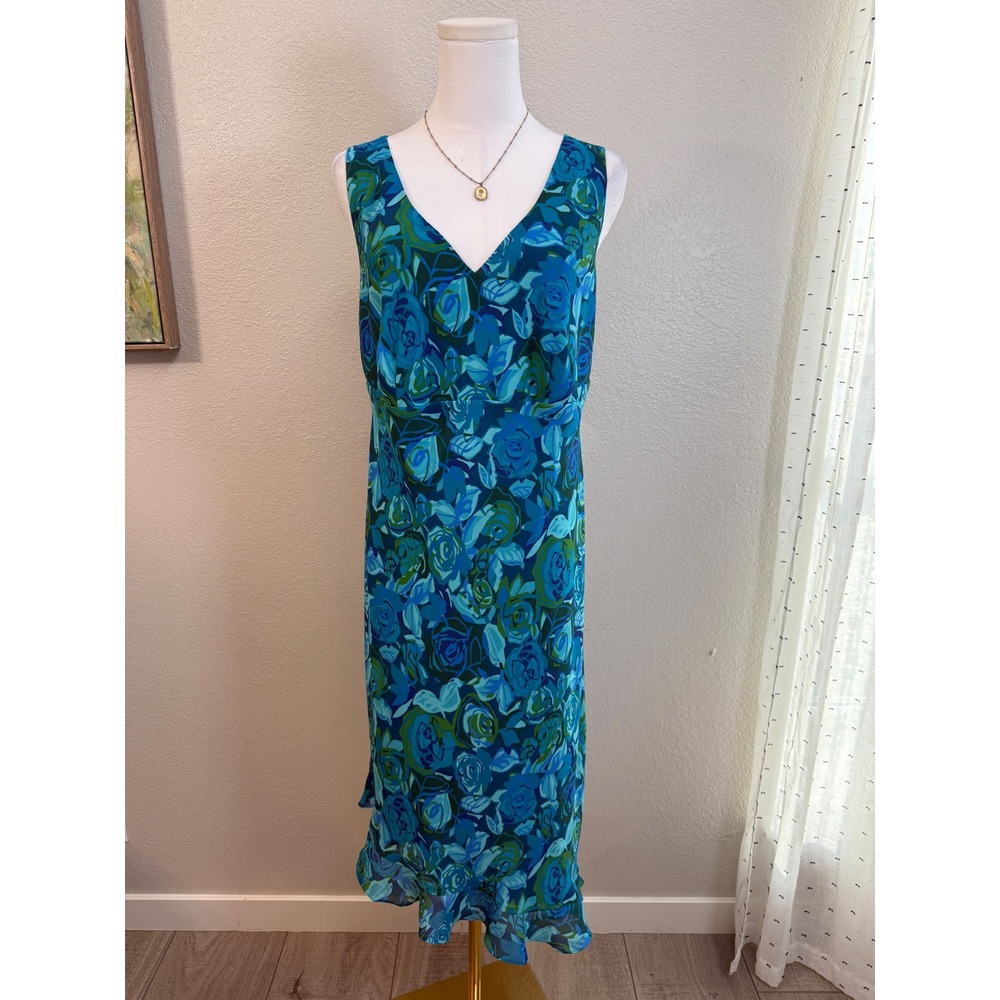 Blue Green Floral V-Neck Asymmetrical Ruffle Midi Dress Size 14/16